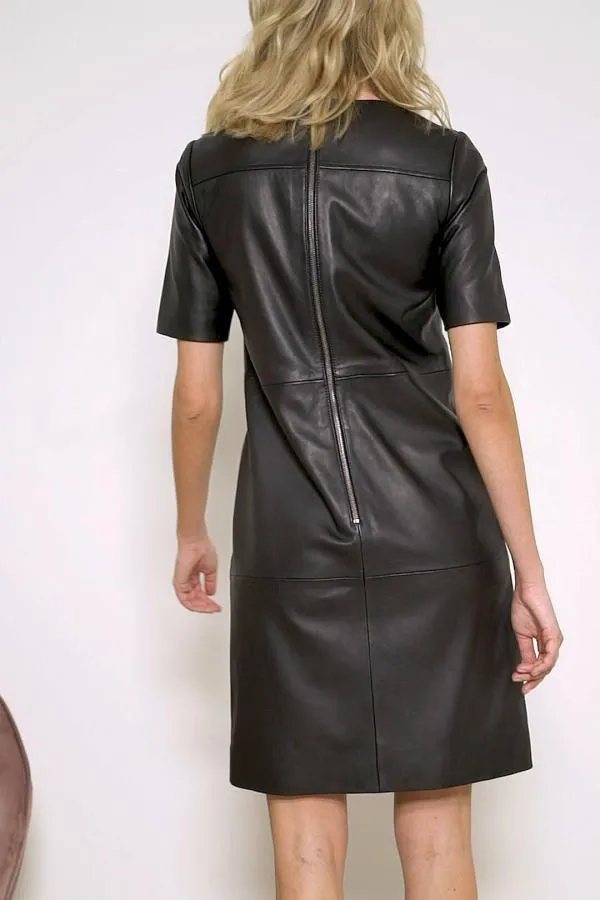 Sosandar Dresses Women Black Leather Zip Detail Shift Dress Black