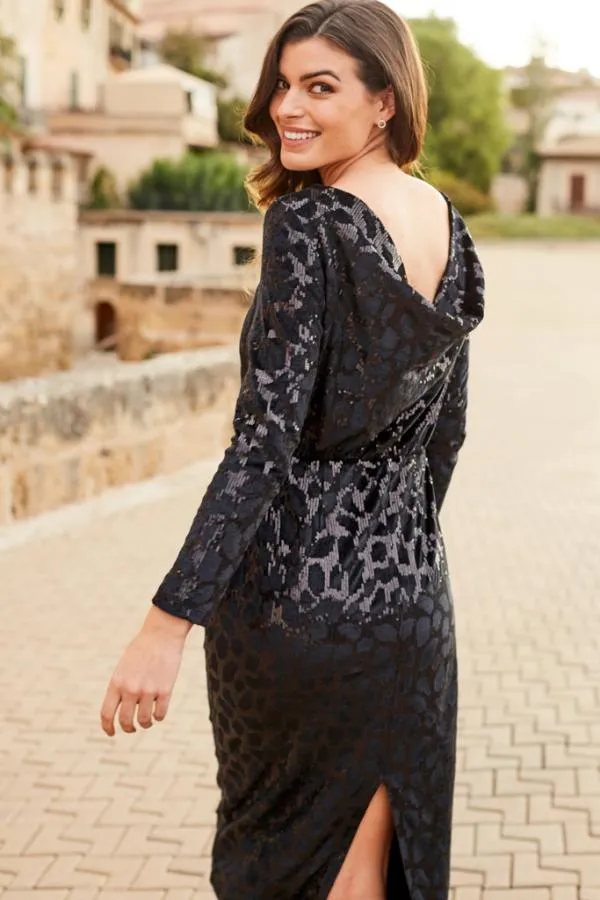 Sosandar Dresses Women Black Luxe Velvet Stretch Waist Relaxed Glamour Dress Black