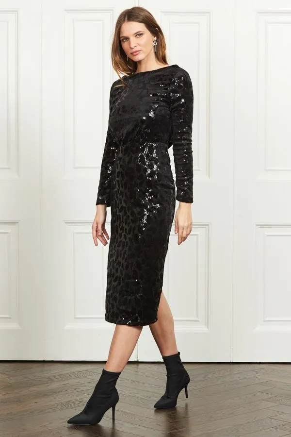 Sosandar Dresses Women Black Luxe Velvet Stretch Waist Relaxed Glamour Dress Black