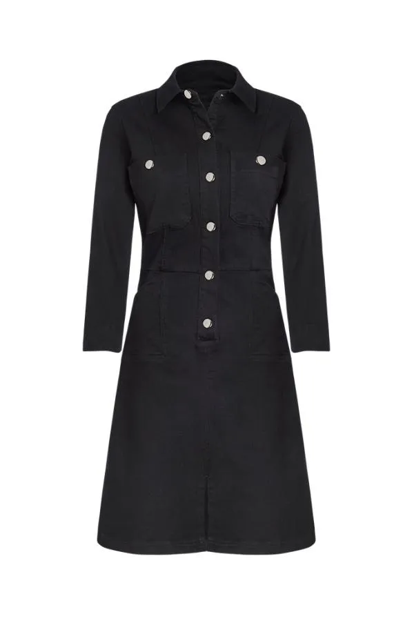 Sosandar Dresses Women Black Popper Front 34 Sleeve Stretch Denim Dress Black