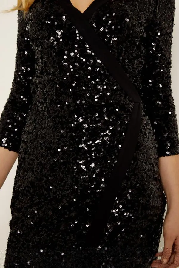 Sosandar Dresses Women Black Sequin Faux Wrap Dress Black