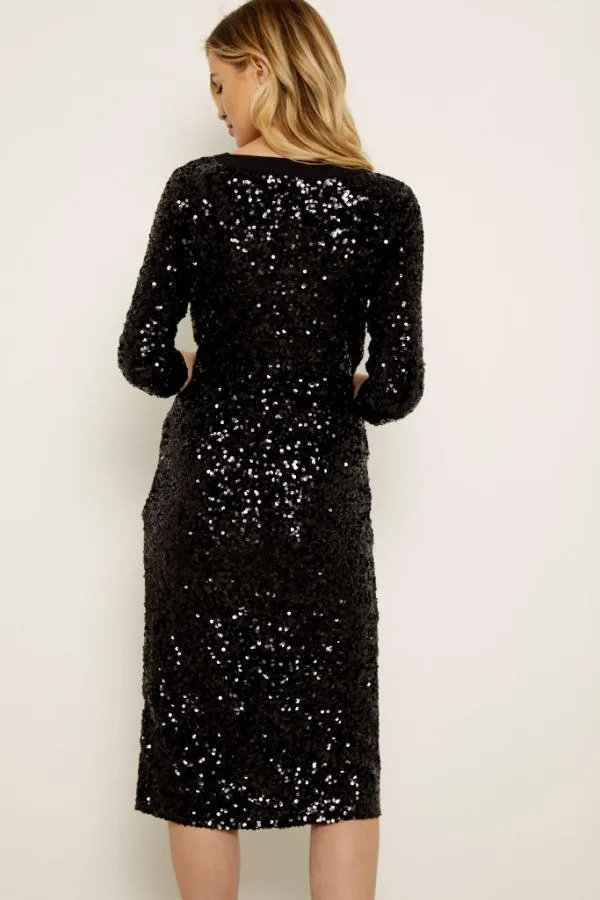 Sosandar Dresses Women Black Sequin Faux Wrap Dress Black