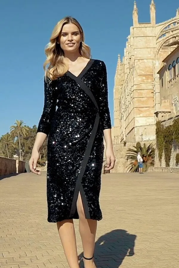 Sosandar Dresses Women Black Sequin Faux Wrap Dress Black