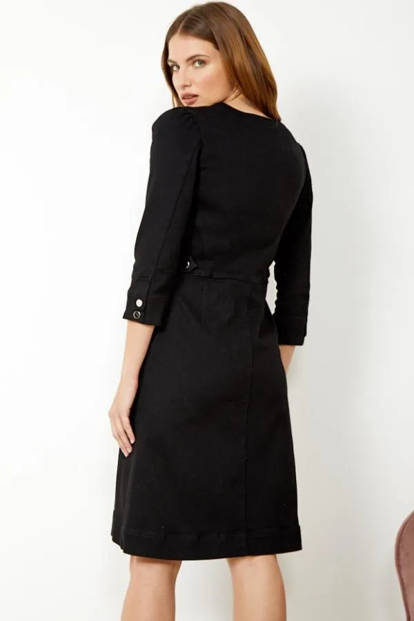 Sosandar Dresses Women Black Zip Front Collarless Denim Dress Black