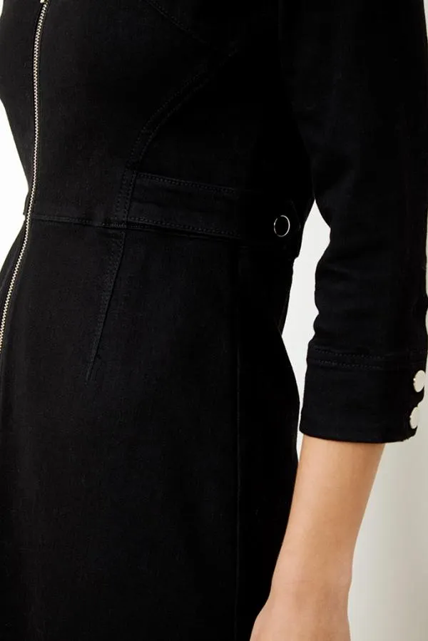 Sosandar Dresses Women Black Zip Front Collarless Denim Dress Black