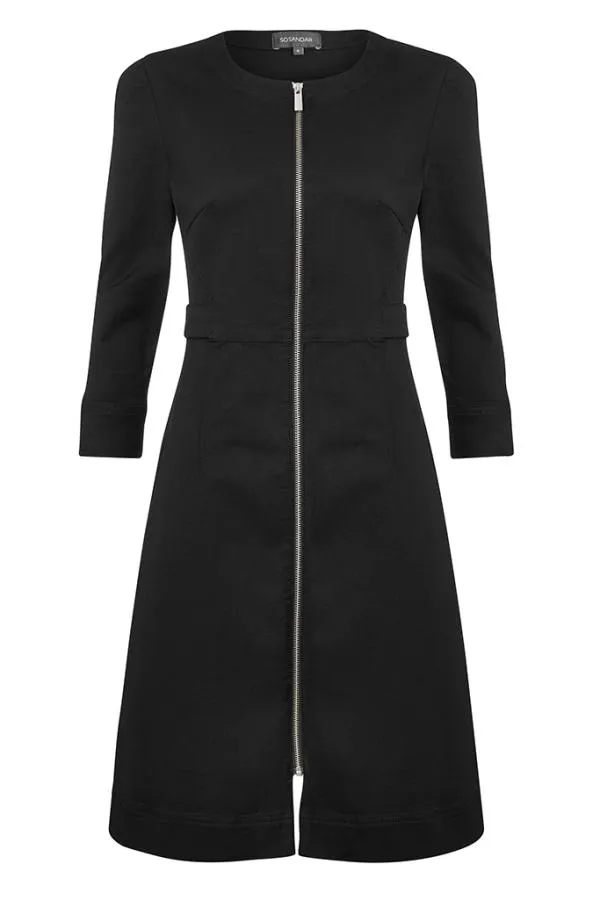 Sosandar Dresses Women Black Zip Front Collarless Denim Dress Black
