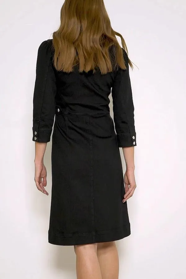 Sosandar Dresses Women Black Zip Front Collarless Denim Dress Black
