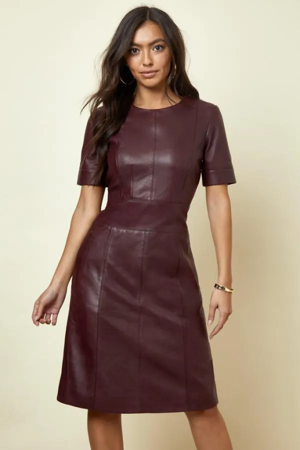 Sosandar Dresses Women Burgundy Leather Panelled Shift Dress Burgundy