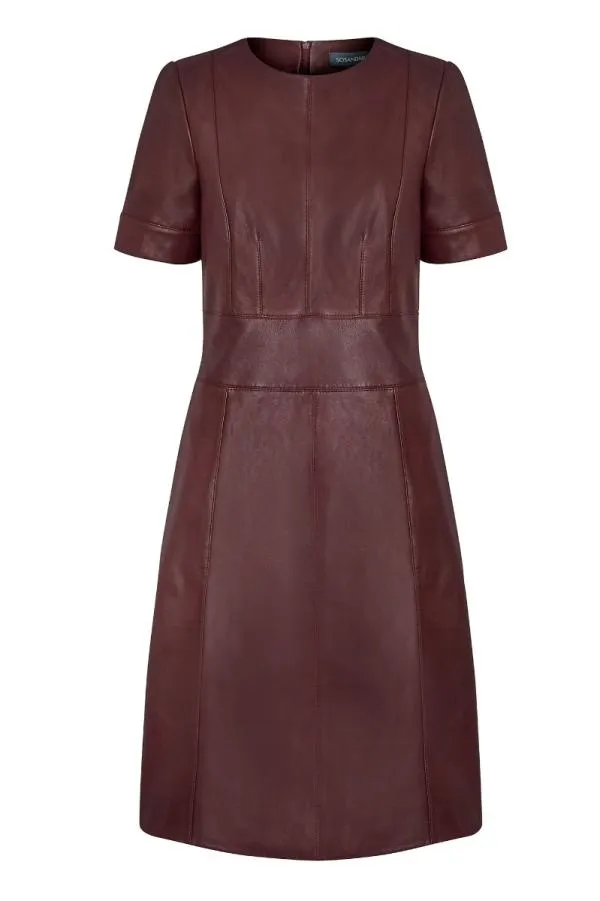 Sosandar Dresses Women Burgundy Leather Panelled Shift Dress Burgundy