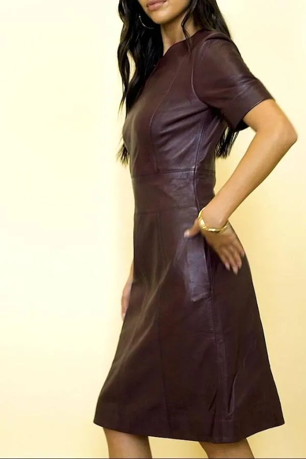Sosandar Dresses Women Burgundy Leather Panelled Shift Dress Burgundy