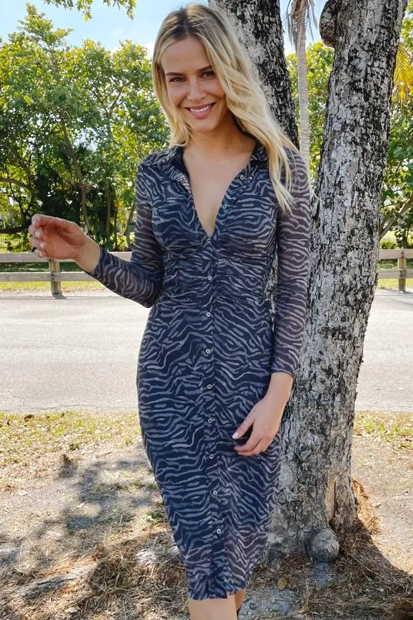Sosandar Dresses Women Charcoal Grey Zebra Print Mesh Shirt Dress Charcoal Grey Sosandar Dresses Women Charcoal Grey Zebra Print Mesh Shirt Dress Charcoal Grey