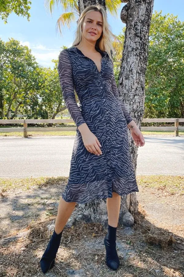 Sosandar Dresses Women Charcoal Grey Zebra Print Mesh Shirt Dress Charcoal Grey