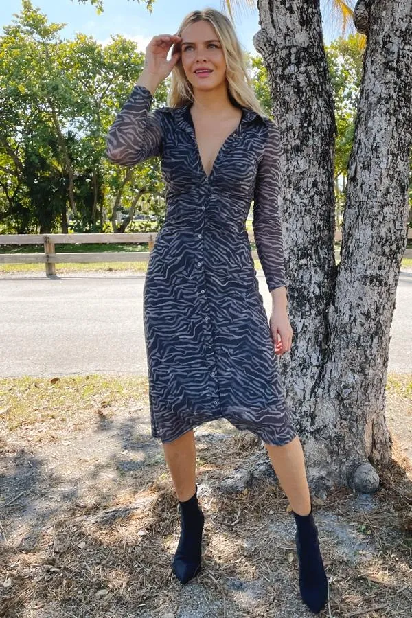 Sosandar Dresses Women Charcoal Grey Zebra Print Mesh Shirt Dress Charcoal Grey