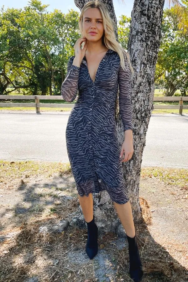 Sosandar Dresses Women Charcoal Grey Zebra Print Mesh Shirt Dress Charcoal Grey