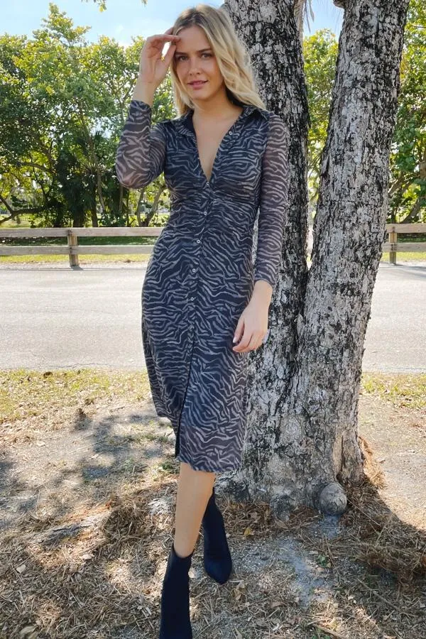 Sosandar Dresses Women Charcoal Grey Zebra Print Mesh Shirt Dress Charcoal Grey