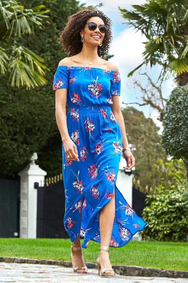 Sosandar Dresses Women Cobalt Blue Floral Print Split Detail Bardot Maxi Dress Cobalt Blue