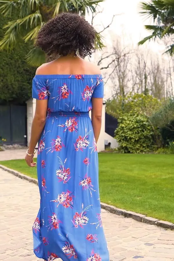 Sosandar Dresses Women Cobalt Blue Floral Print Split Detail Bardot Maxi Dress Cobalt Blue