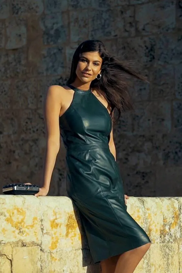 Sosandar Dresses Women Dark Green Premium Leather Halter Neck Dress Dark Green