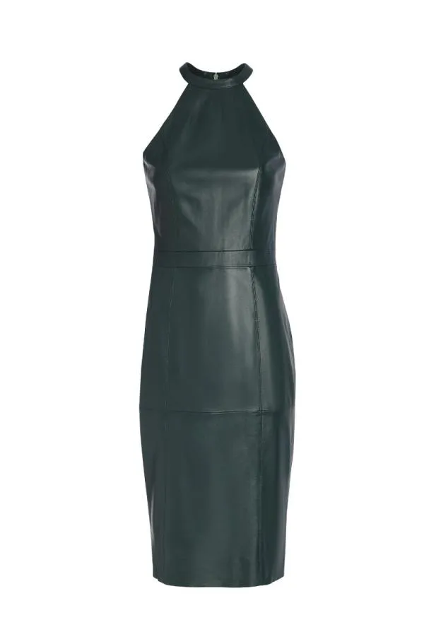 Sosandar Dresses Women Dark Green Premium Leather Halter Neck Dress Dark Green