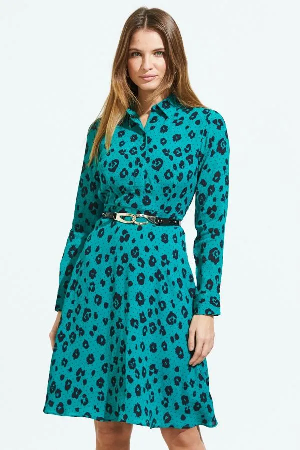 Sosandar Dresses Women Green and Black Leopard Print Fit and Flare Shirt Dress Green Black Sosandar Dresses Women Green and Black Leopard Print Fit and Flare Shirt Dress Green Black
