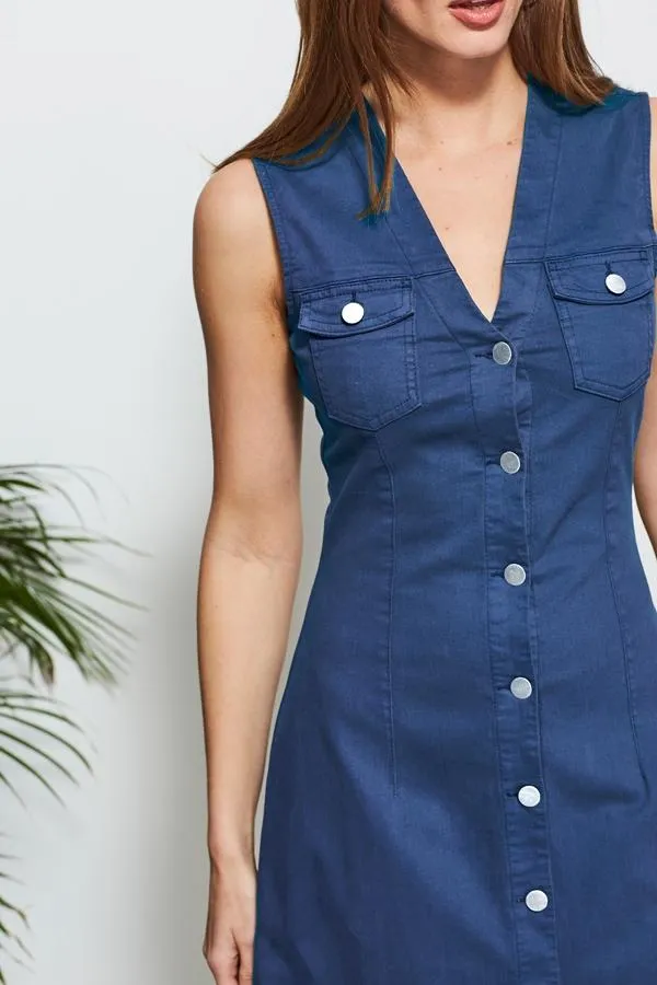 Sosandar Dresses Women Indigo Blue Button Front Sleeveless Denim Dress Indigo Blue