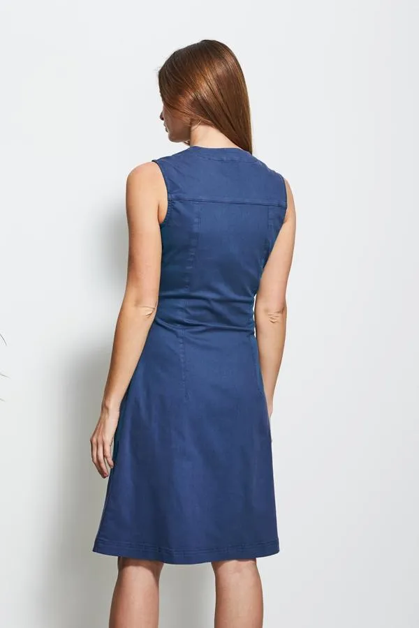 Sosandar Dresses Women Indigo Blue Button Front Sleeveless Denim Dress Indigo Blue