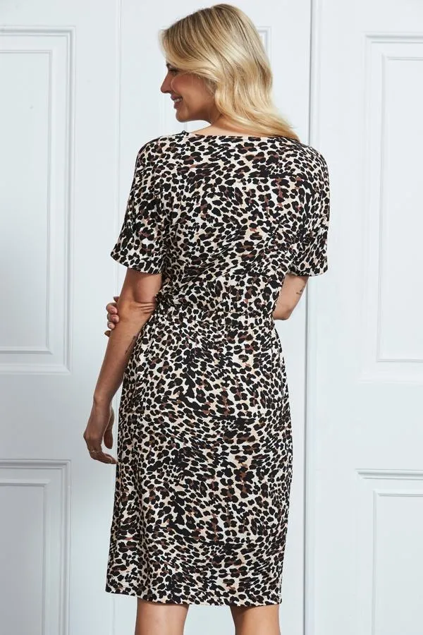 Sosandar Dresses Women Leopard Print Stretch Waist T Shirt Dress With Pockets