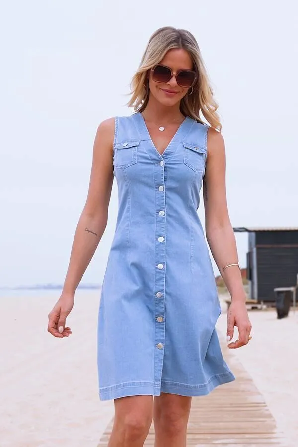 Sosandar Dresses Women Light Wash Sleeveless Denim Button Through Dress Light Wash