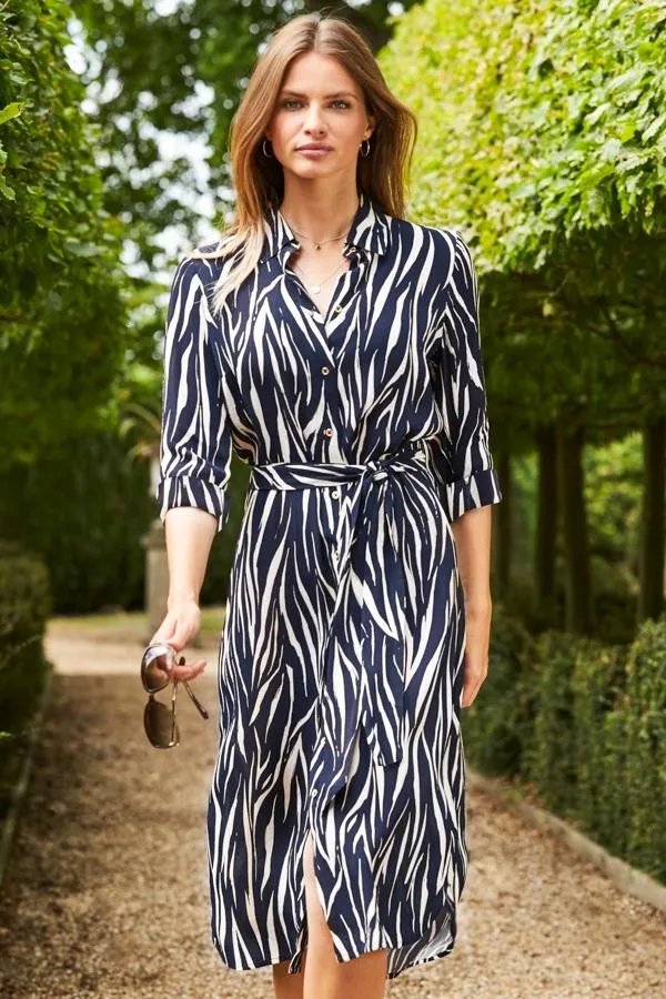 Sosandar Dresses Women Navy and White Chic Print Belted Midi Shirt Dress Navy White Sosandar Dresses Women Navy and White Chic Print Belted Midi Shirt Dress Navy White