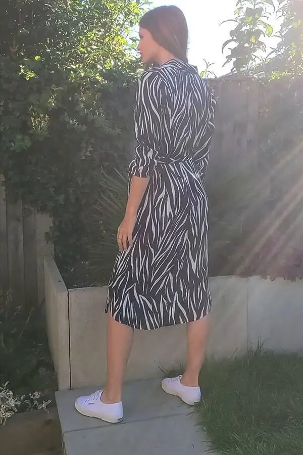 Sosandar Dresses Women Navy and White Chic Print Belted Midi Shirt Dress Navy White