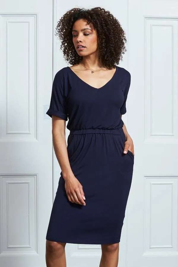 Sosandar Dresses Women Navy Blue Super Soft Premium V Neck T Shirt Dress Navy Blue Sosandar Dresses Women Navy Blue Super Soft Premium V Neck T Shirt Dress Navy Blue