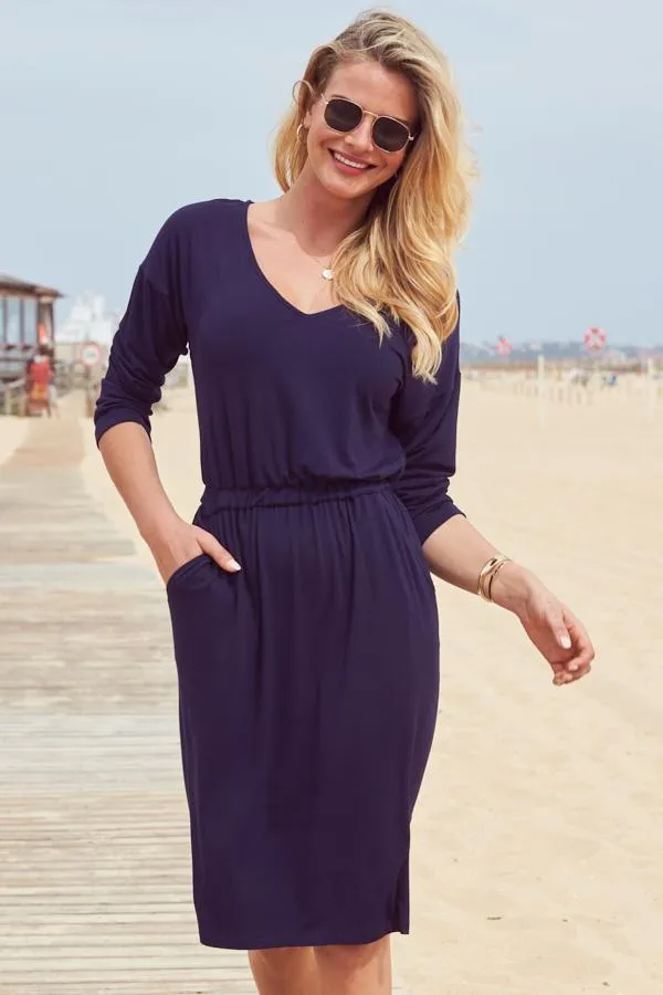 Sosandar Dresses Women Navy Super Soft V Neck Jersey Dress Navy