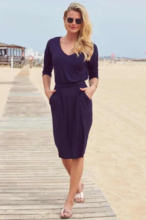 Sosandar Dresses Women Navy Super Soft V Neck Jersey Dress Navy