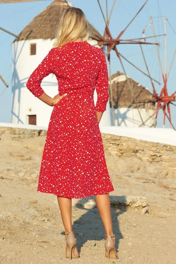 Sosandar Dresses Women Red Confetti Spot Print Tie Waist Shirt Dress Red