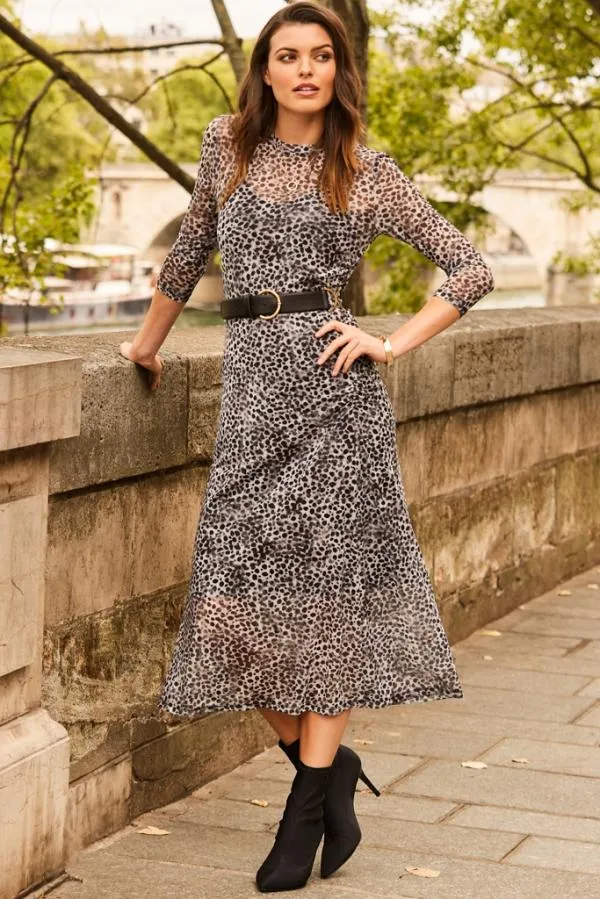 Sosandar Dresses Women Snow Leopard Print Mesh Dress