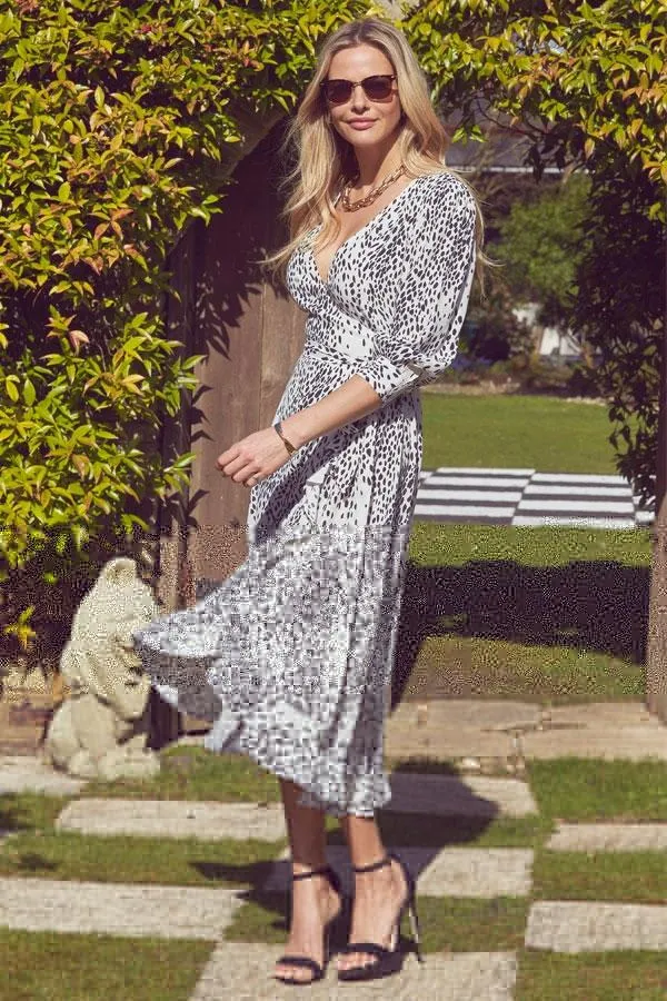 Sosandar Dresses Women White and Black Animal Print Ruffle Hem Midi Wrap Dress White Black