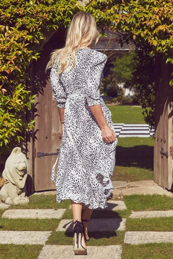 Sosandar Dresses Women White and Black Animal Print Ruffle Hem Midi Wrap Dress White Black