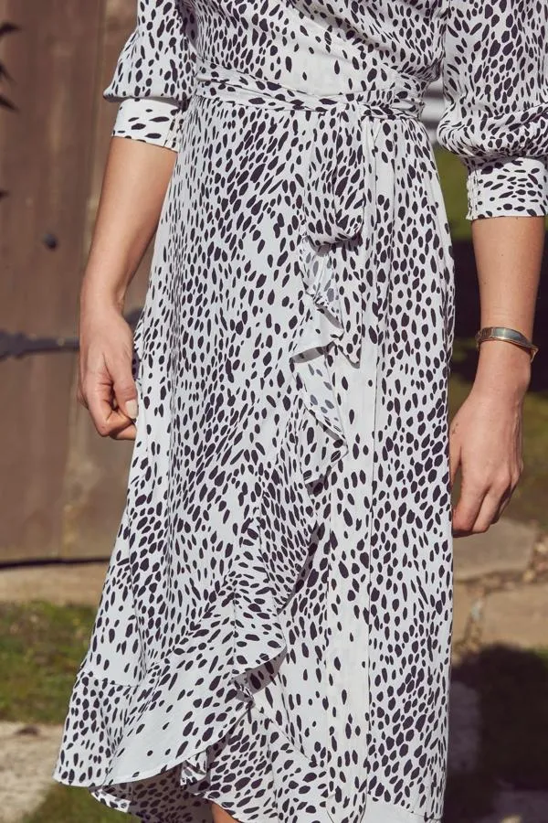 Sosandar Dresses Women White and Black Animal Print Ruffle Hem Midi Wrap Dress White Black