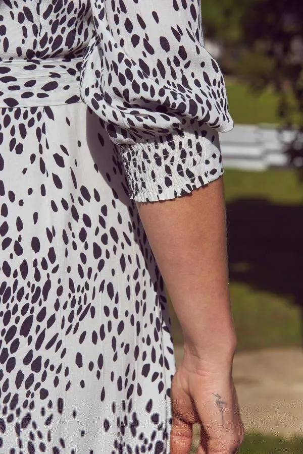 Sosandar Dresses Women White and Black Animal Print Ruffle Hem Midi Wrap Dress White Black