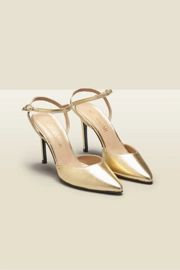 Sosandar Heels Women Cosmic Gold Leather Strap Point Heel Shoe