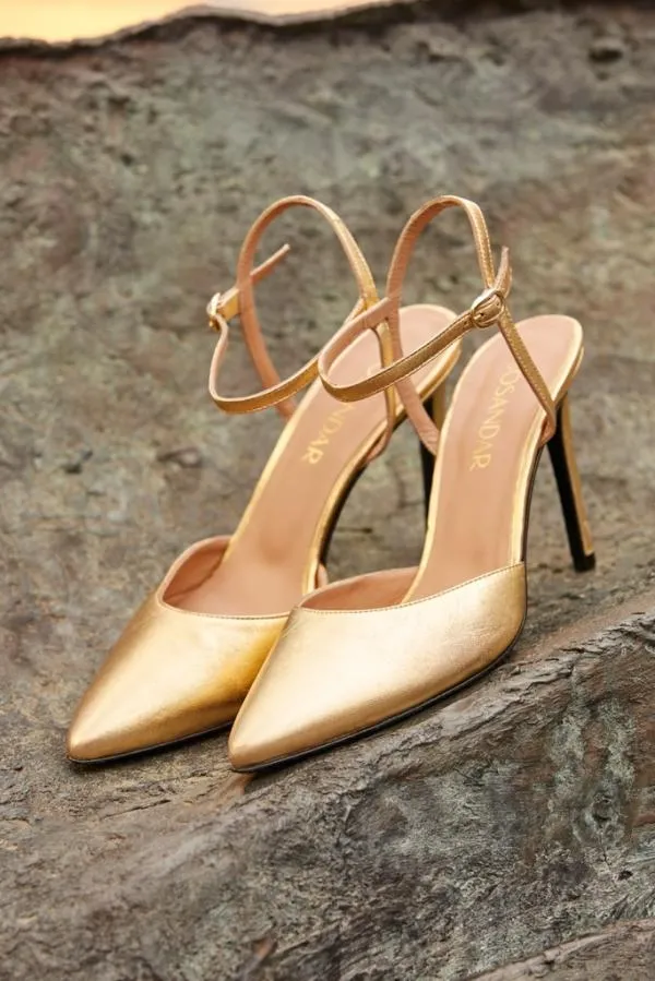 Sosandar Heels Women Cosmic Gold Leather Strap Point Heel Shoe