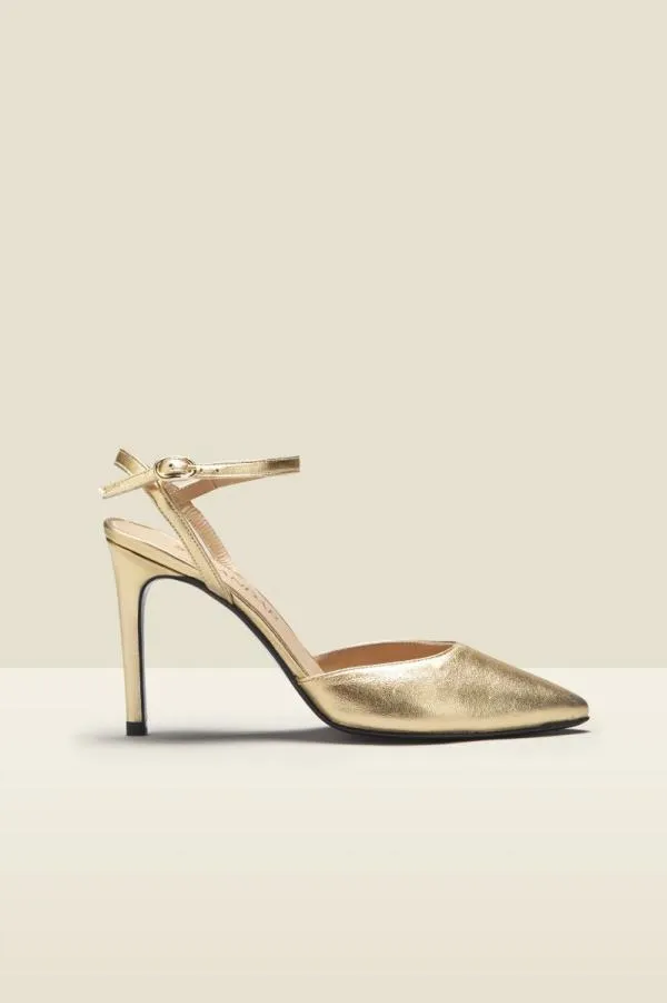 Sosandar Heels Women Cosmic Gold Leather Strap Point Heel Shoe