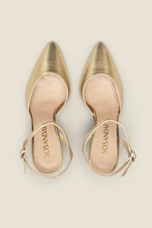 Sosandar Heels Women Cosmic Gold Leather Strap Point Heel Shoe
