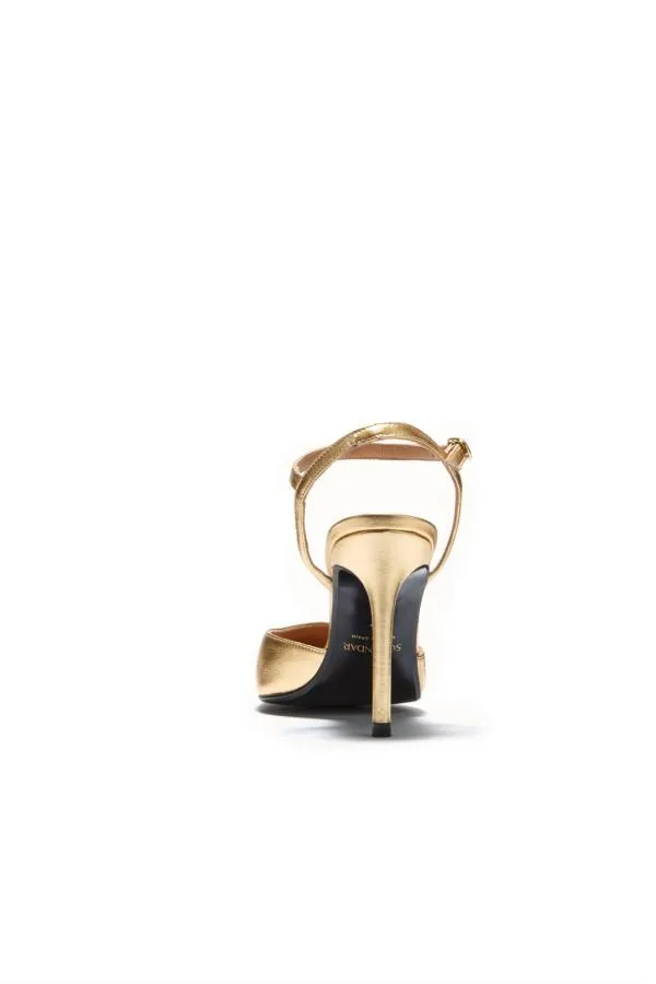 Sosandar Heels Women Cosmic Gold Leather Strap Point Heel Shoe