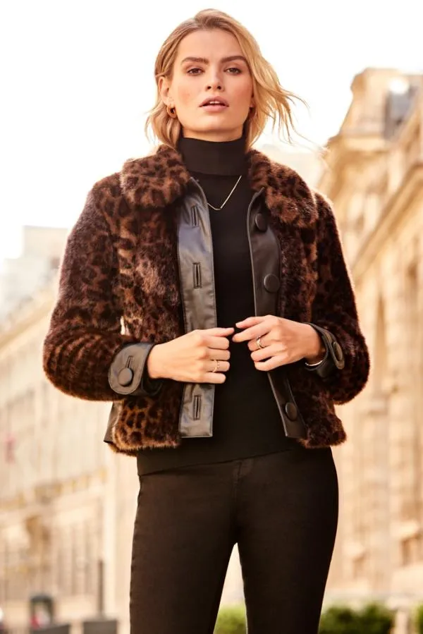 Sosandar Jackets and Coats Women Brown Leopard Faux Fur and Leather Look Button Detail Jacket Brown Sosandar Jackets and Coats Women Brown Leopard Faux Fur and Leather Look Button Detail Jacket Brown