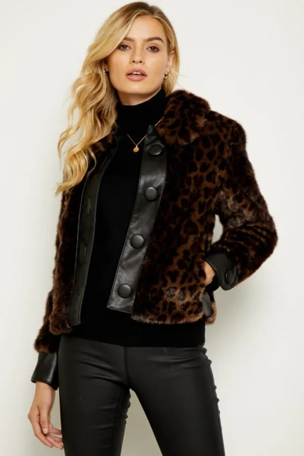 Sosandar Jackets and Coats Women Brown Leopard Faux Fur and Leather Look Button Detail Jacket Brown