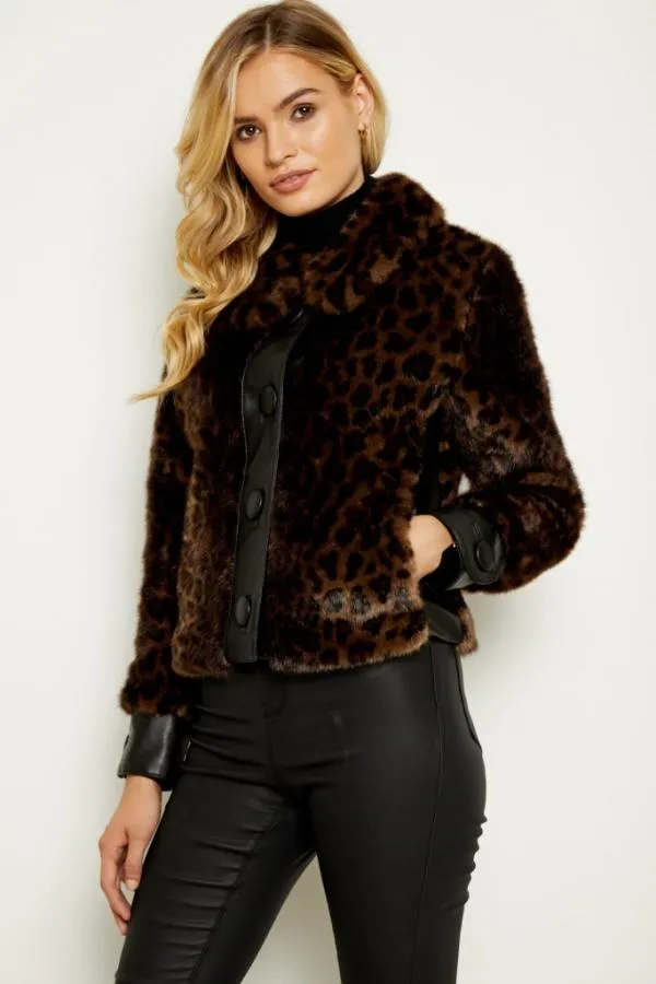 Sosandar Jackets and Coats Women Brown Leopard Faux Fur and Leather Look Button Detail Jacket Brown
