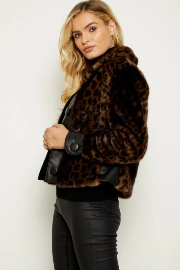 Sosandar Jackets and Coats Women Brown Leopard Faux Fur and Leather Look Button Detail Jacket Brown