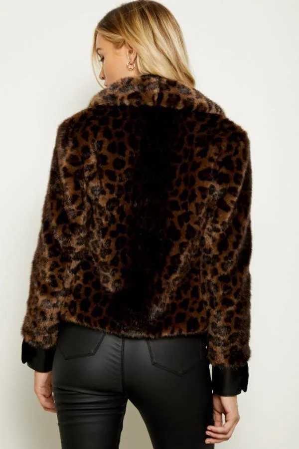 Sosandar Jackets and Coats Women Brown Leopard Faux Fur and Leather Look Button Detail Jacket Brown