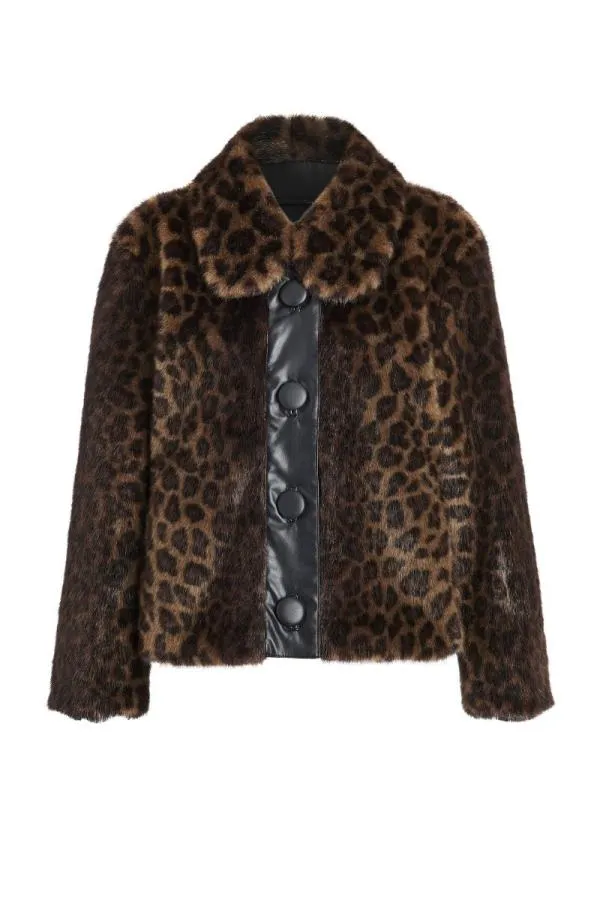 Sosandar Jackets and Coats Women Brown Leopard Faux Fur and Leather Look Button Detail Jacket Brown
